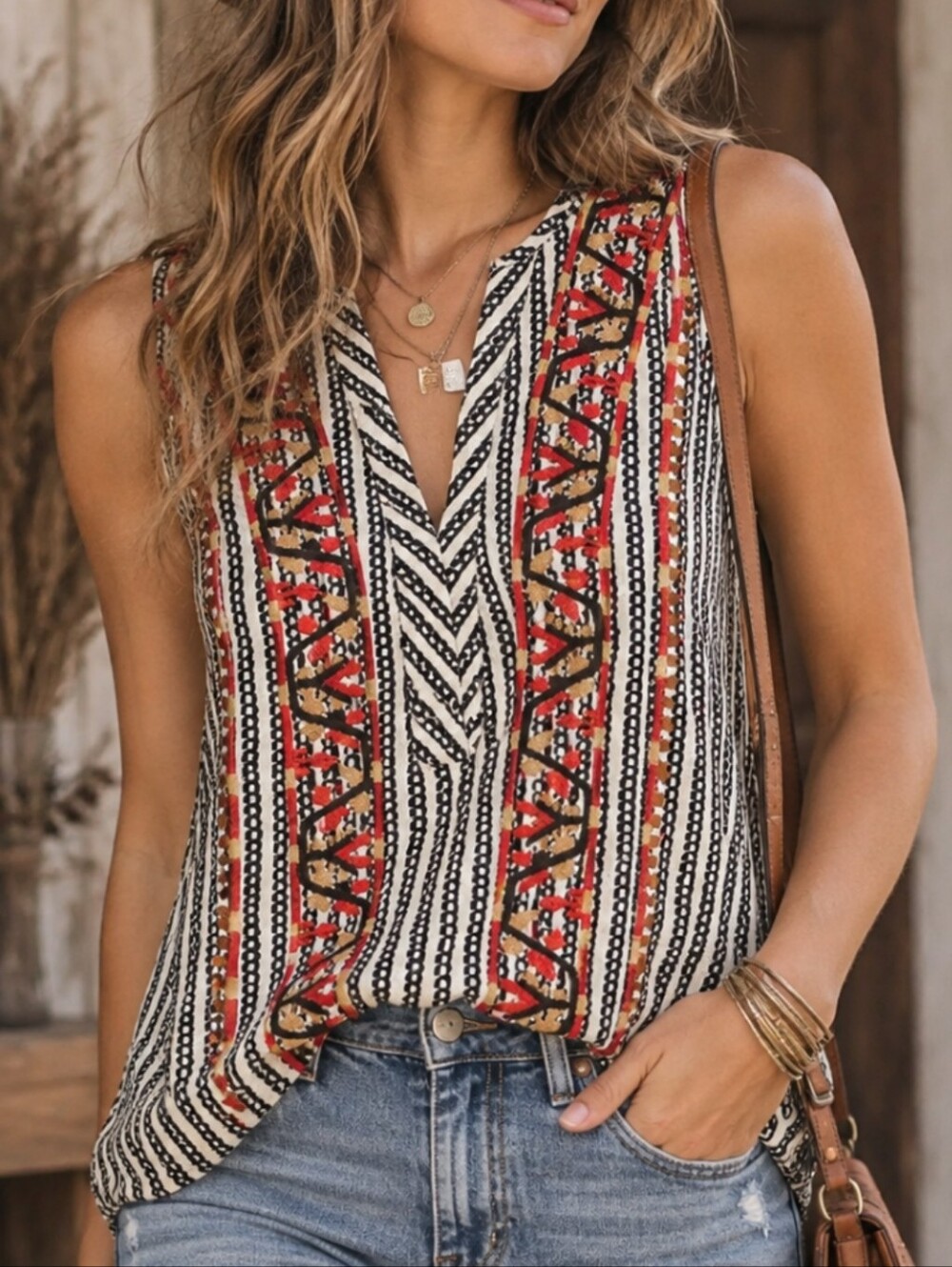 THML Size L Embroidered Boho Sleeveless Blouse Black Cream Red